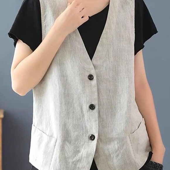 Womens Cotton Linen Vest Casual Sleeveless Blazer Cardigans Lightweight Jacket W - Picture 2 of 5